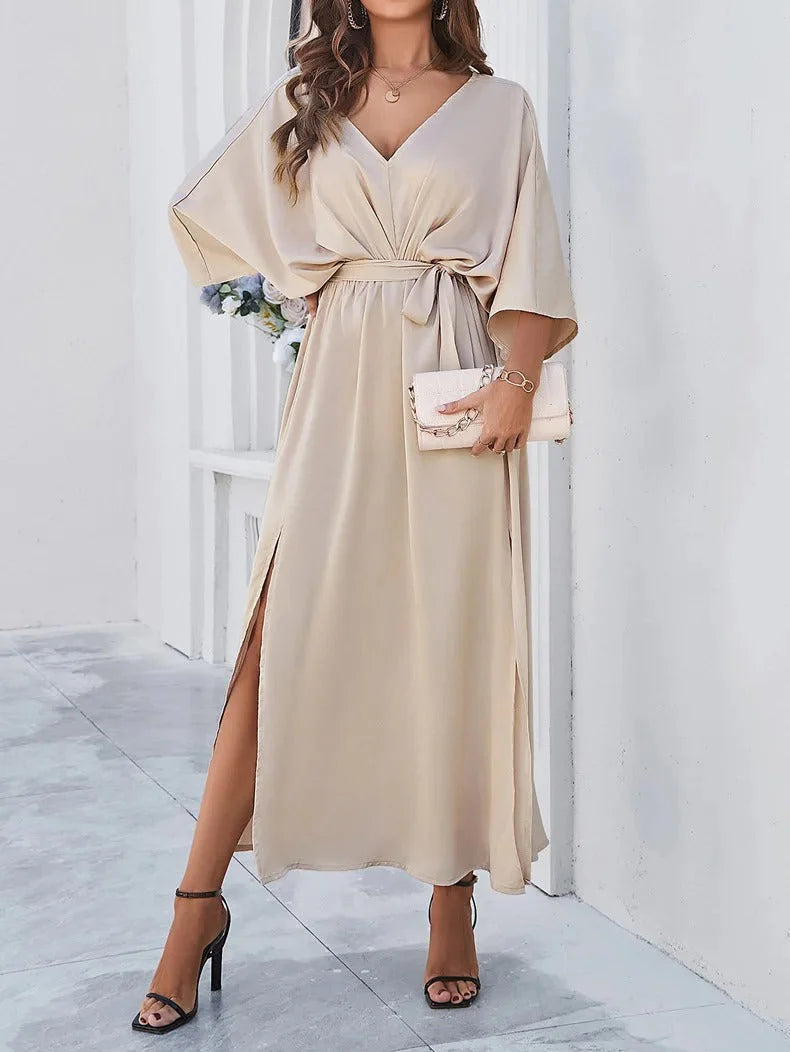 Luciana | Vestido Cruzado Taupe Elegante para Mujer