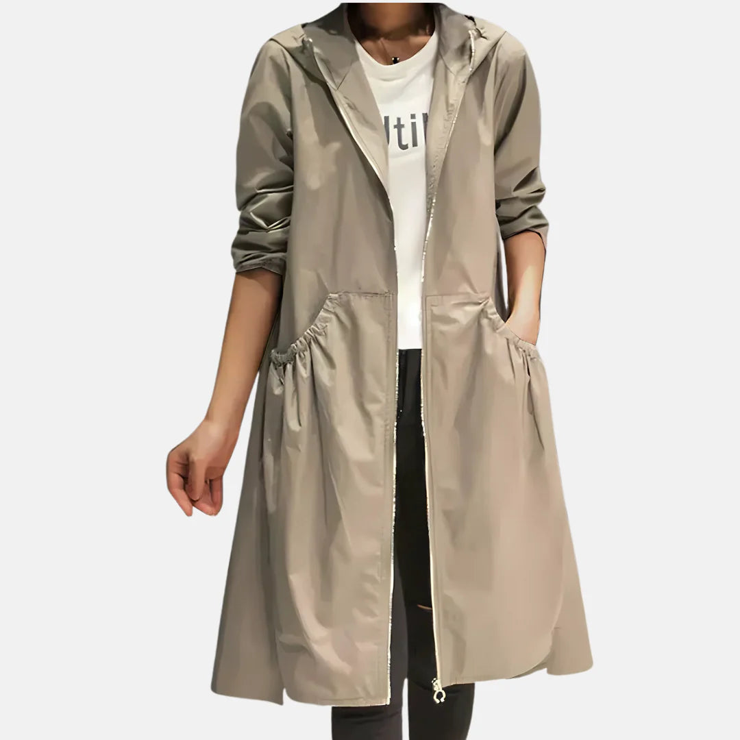 Ariadna | Chaqueta impermeable con capucha para mujer de largo hasta la rodilla