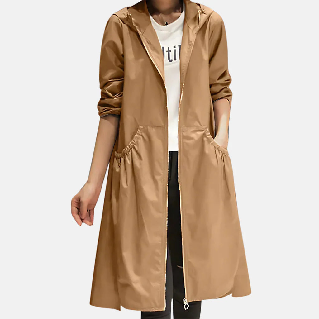 Ariadna | Chaqueta impermeable con capucha para mujer de largo hasta la rodilla