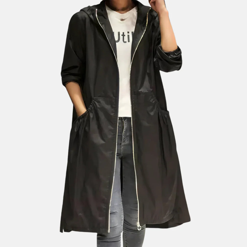 Ariadna | Chaqueta impermeable con capucha para mujer de largo hasta la rodilla