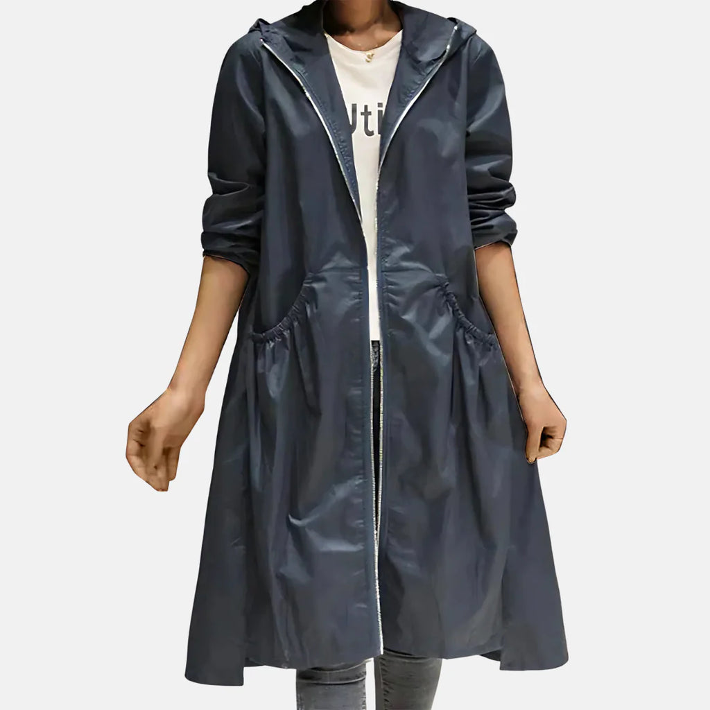 Ariadna | Chaqueta impermeable con capucha para mujer de largo hasta la rodilla