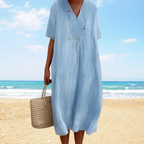 Uxía | Vestido midi de verano con escote en V – ligero, elegante y fluido