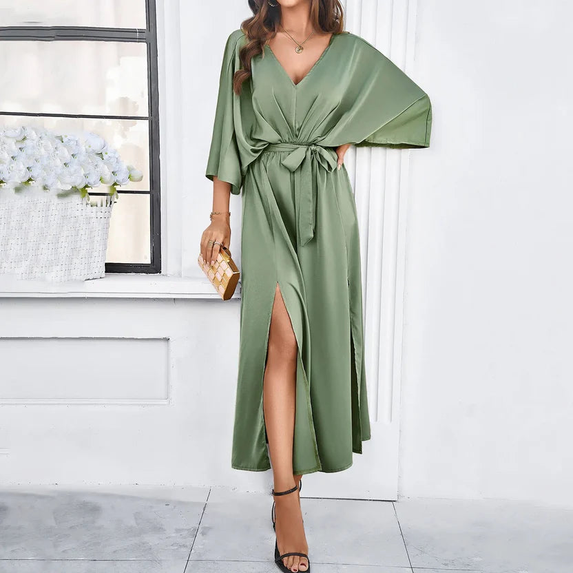Luciana | Vestido Cruzado Taupe Elegante para Mujer