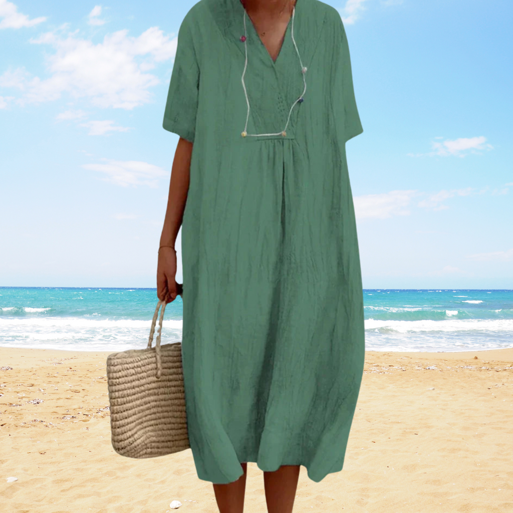 Uxía | Vestido midi de verano con escote en V – ligero, elegante y fluido