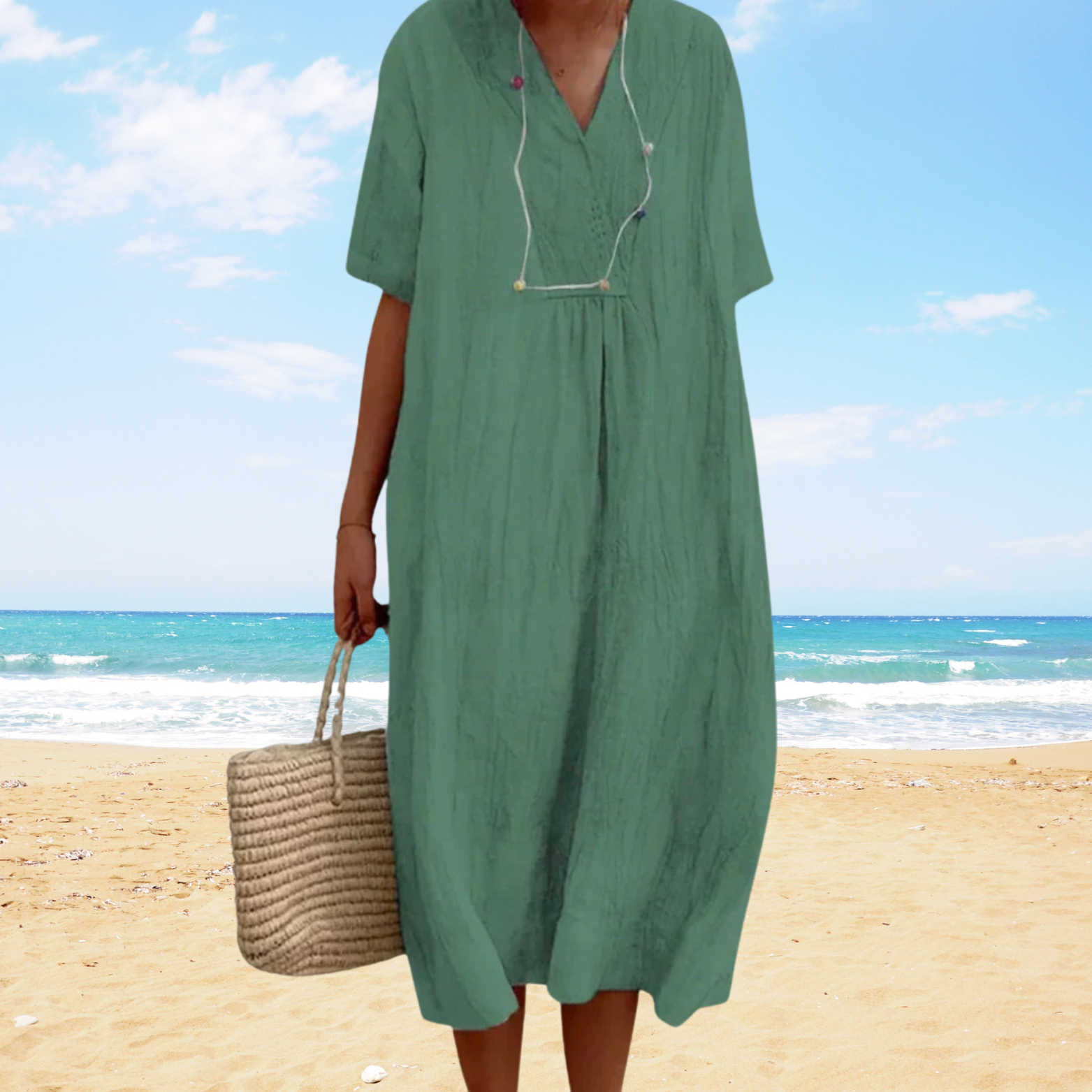 Uxía | Vestido midi de verano con escote en V – ligero, elegante y fluido