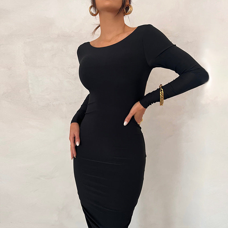 Tarsila | Vestido elegante de invitada con espalda descubierta y manga larga