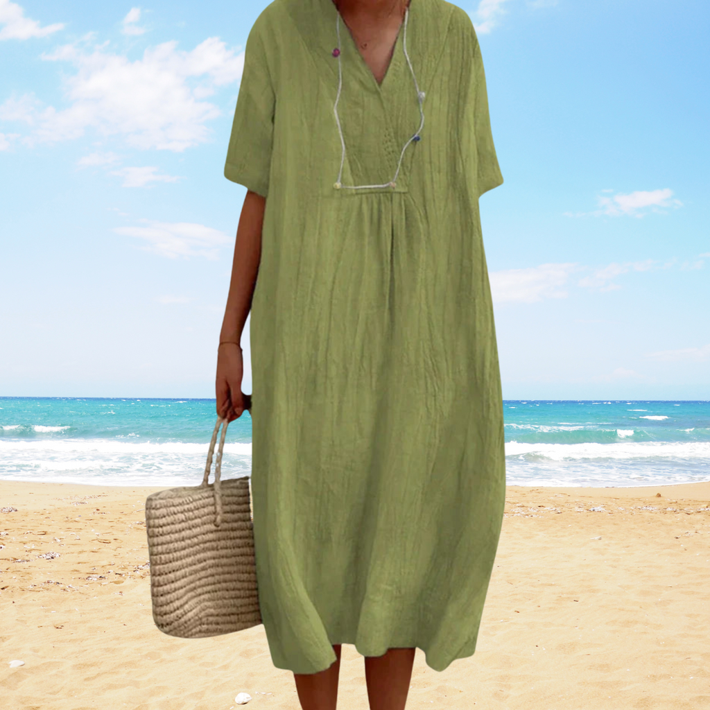 Uxía | Vestido midi de verano con escote en V – ligero, elegante y fluido