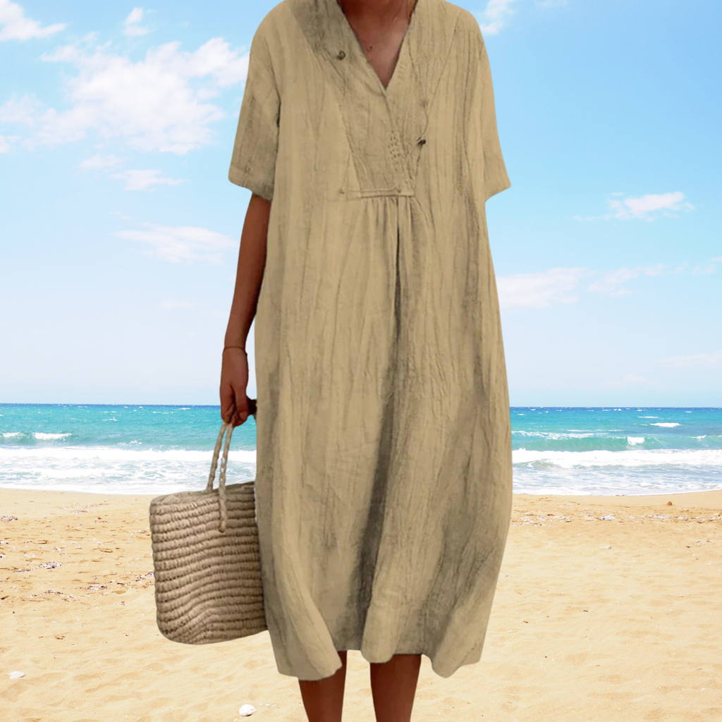 Uxía | Vestido midi de verano con escote en V – ligero, elegante y fluido