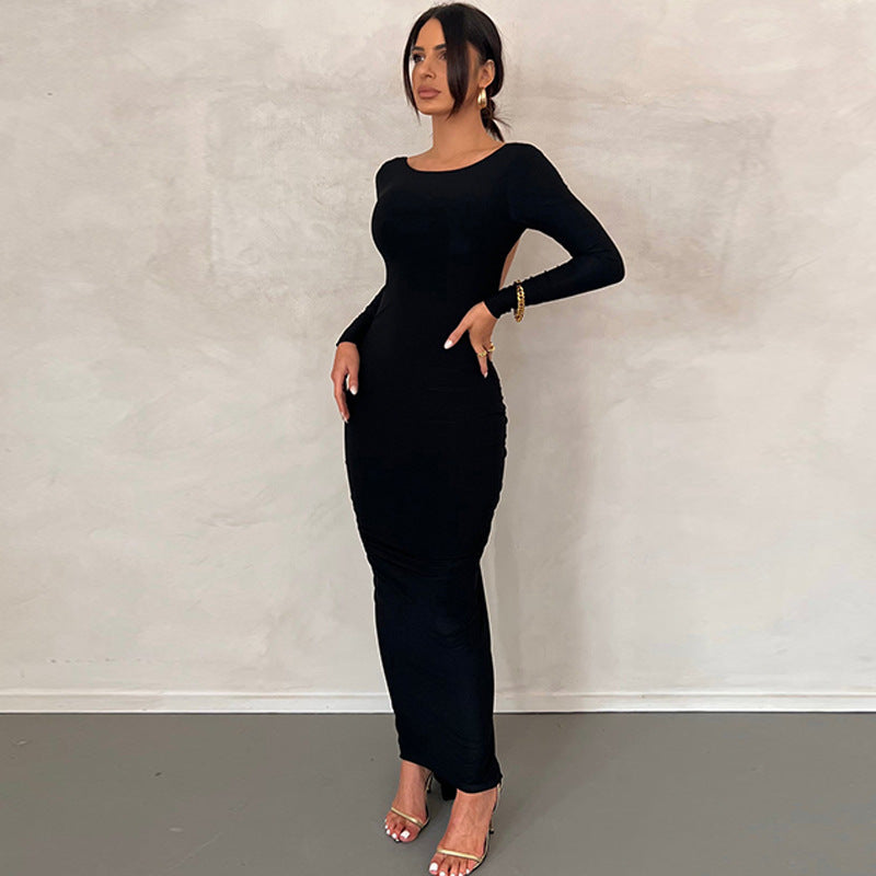 Tarsila | Vestido elegante de invitada con espalda descubierta y manga larga