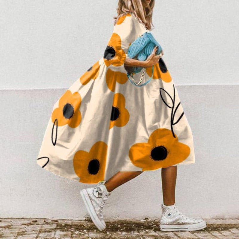 Araceli | Vestido midi holgado con mangas abullonadas – estilo romántico y fresco