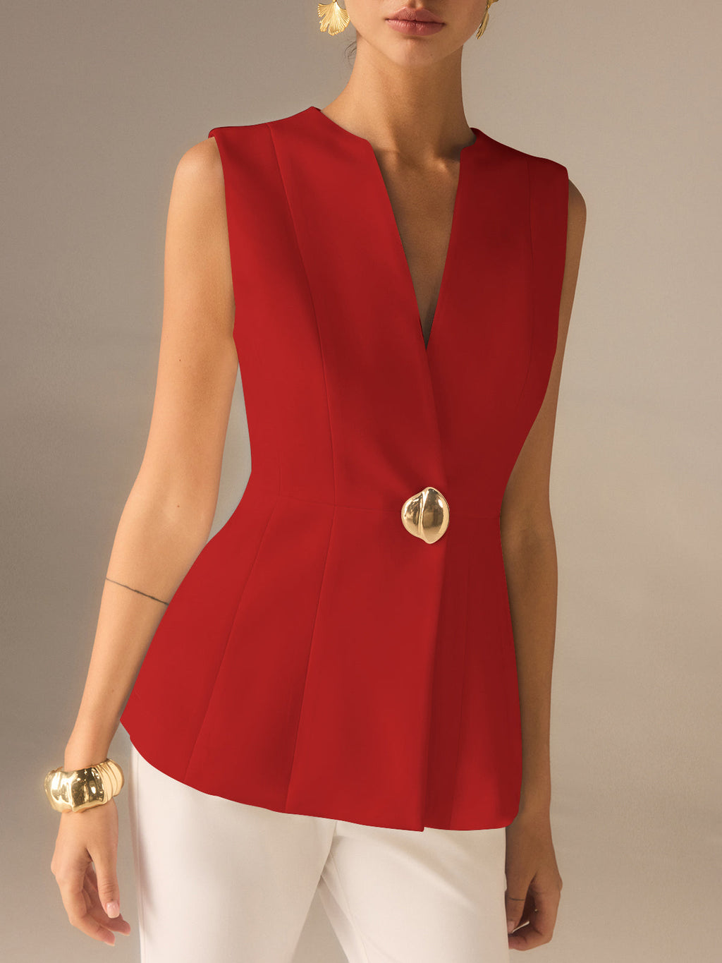 Queralt | Chaleco elegante sin mangas con escote en V y botón – estilo minimalista