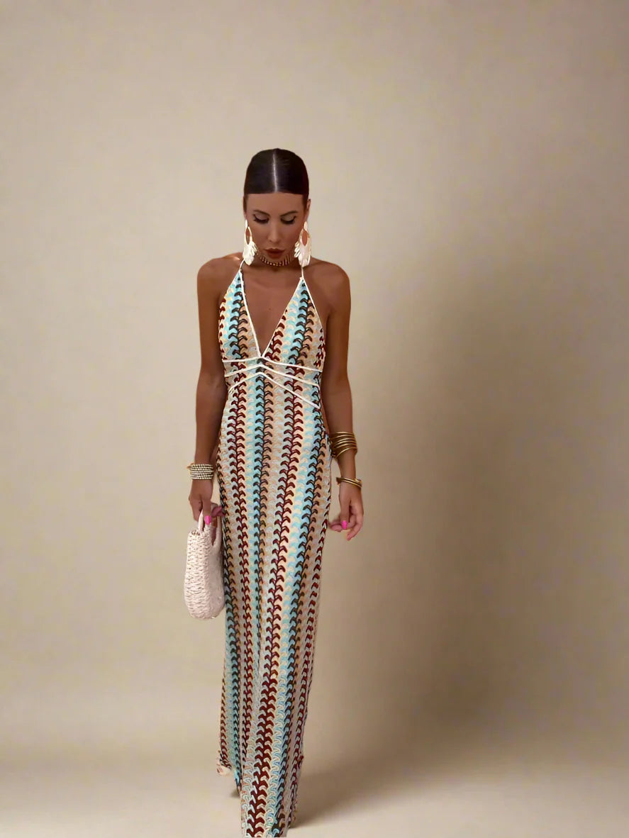 Brisa | Vestido Maxi Halter con Escote en V y Espalda Descubierta