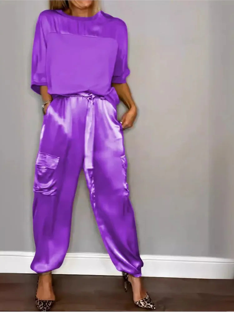Zeltia – Conjunto satinado de mujer con pantalón cargo y top