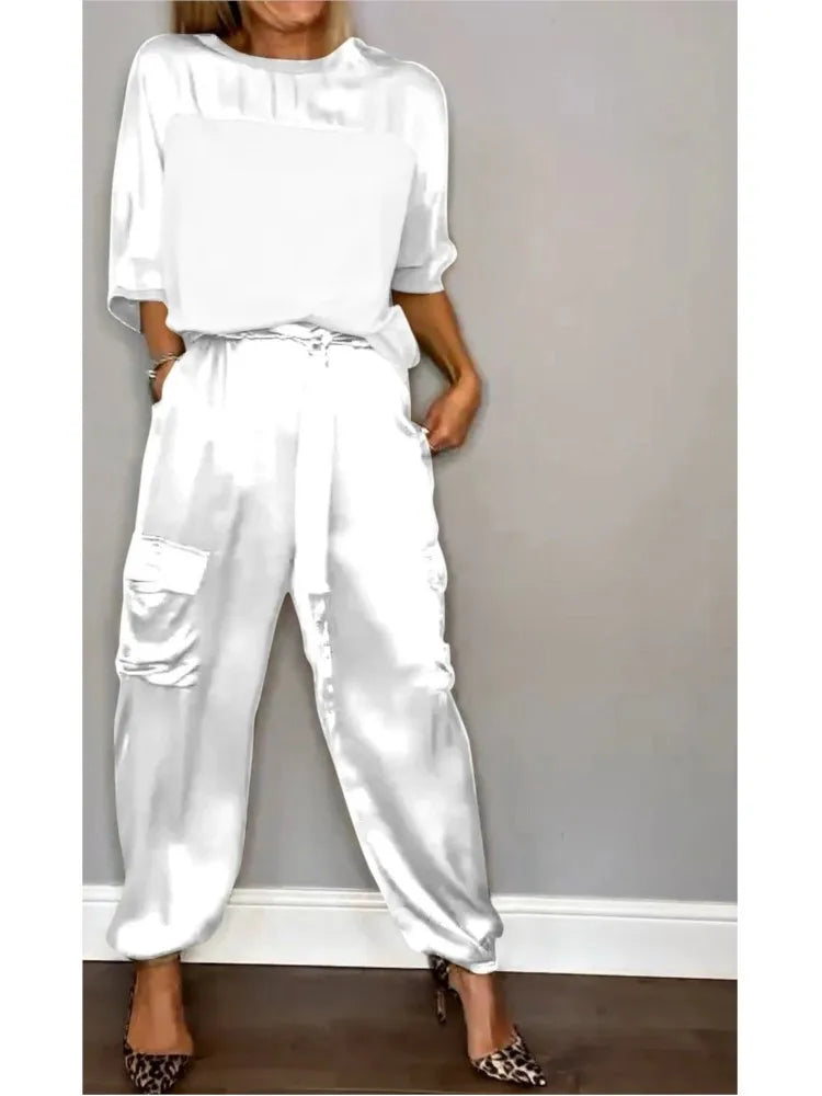 Zeltia – Conjunto satinado de mujer con pantalón cargo y top