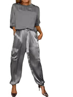 Zeltia – Conjunto satinado de mujer con pantalón cargo y top