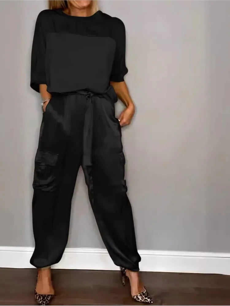Zeltia – Conjunto satinado de mujer con pantalón cargo y top