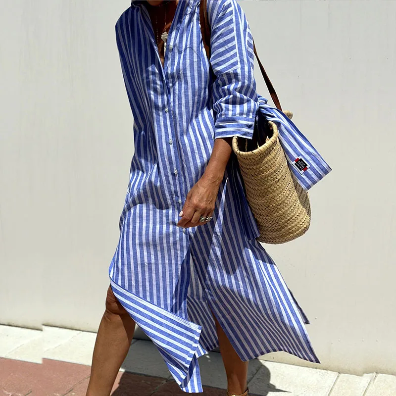 Irune – Vestido camisero de algodón con rayas y estilo casual