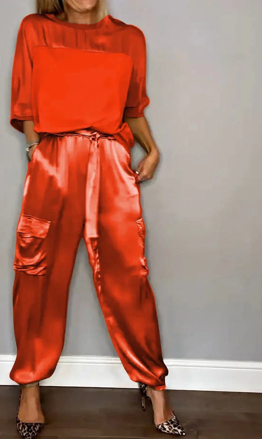 Zeltia – Conjunto satinado de mujer con pantalón cargo y top