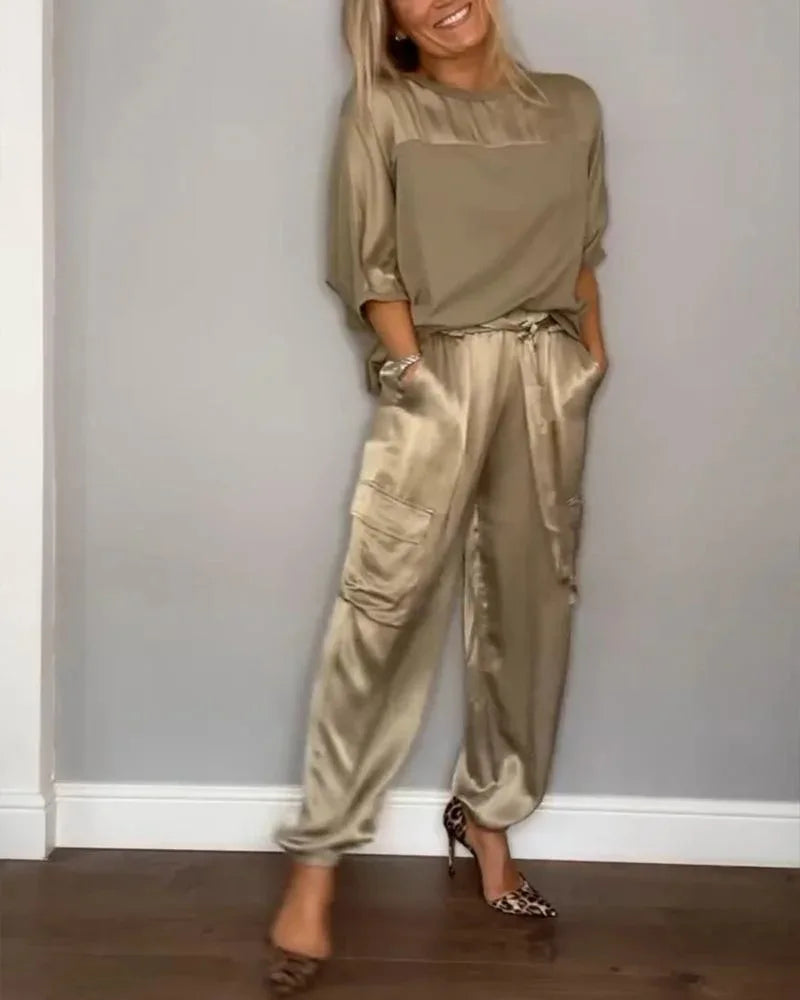 Zeltia – Conjunto satinado de mujer con pantalón cargo y top