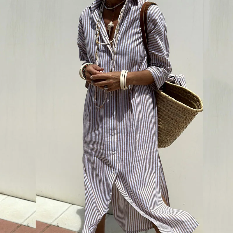Irune – Vestido camisero de algodón con rayas y estilo casual