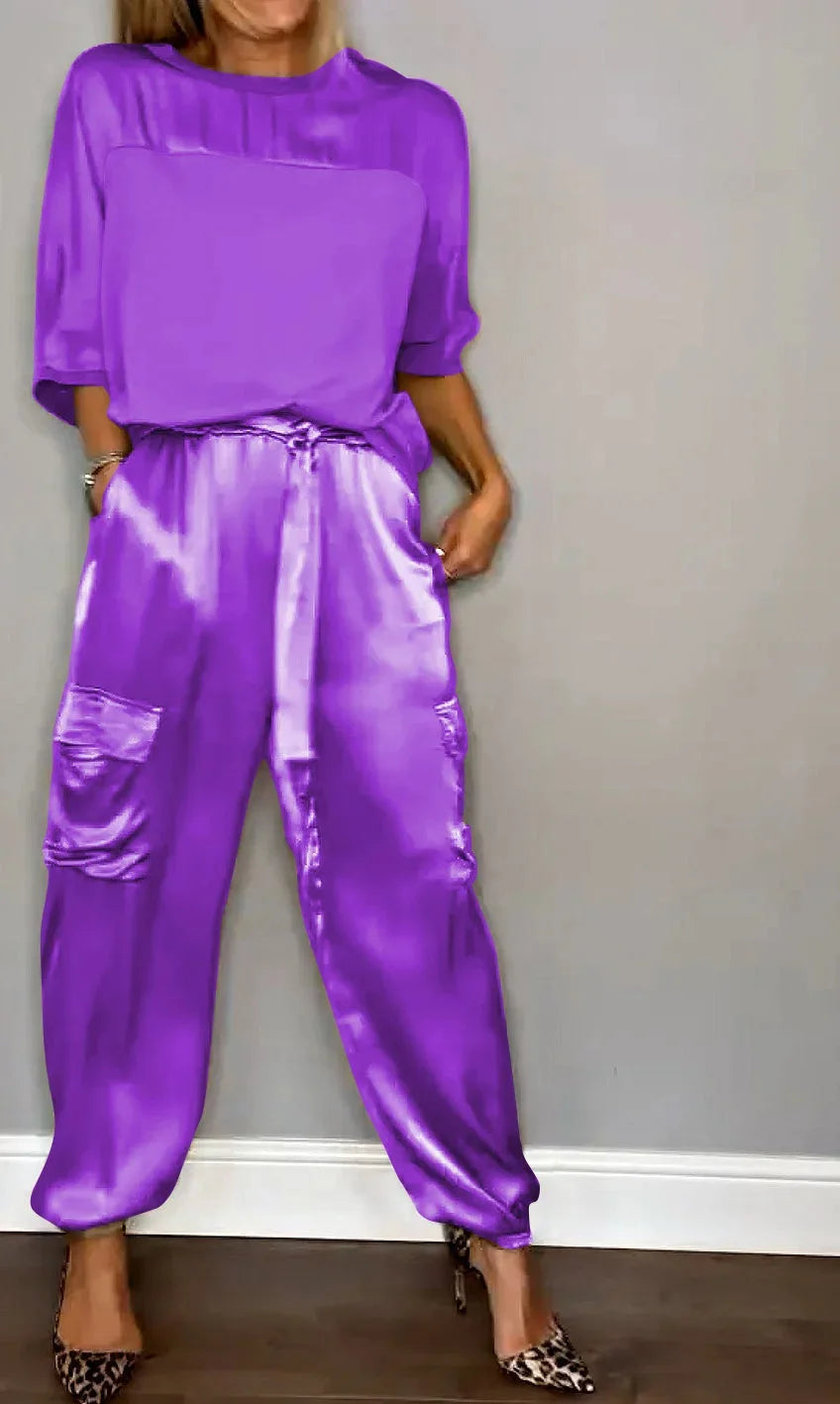 Zeltia – Conjunto satinado de mujer con pantalón cargo y top