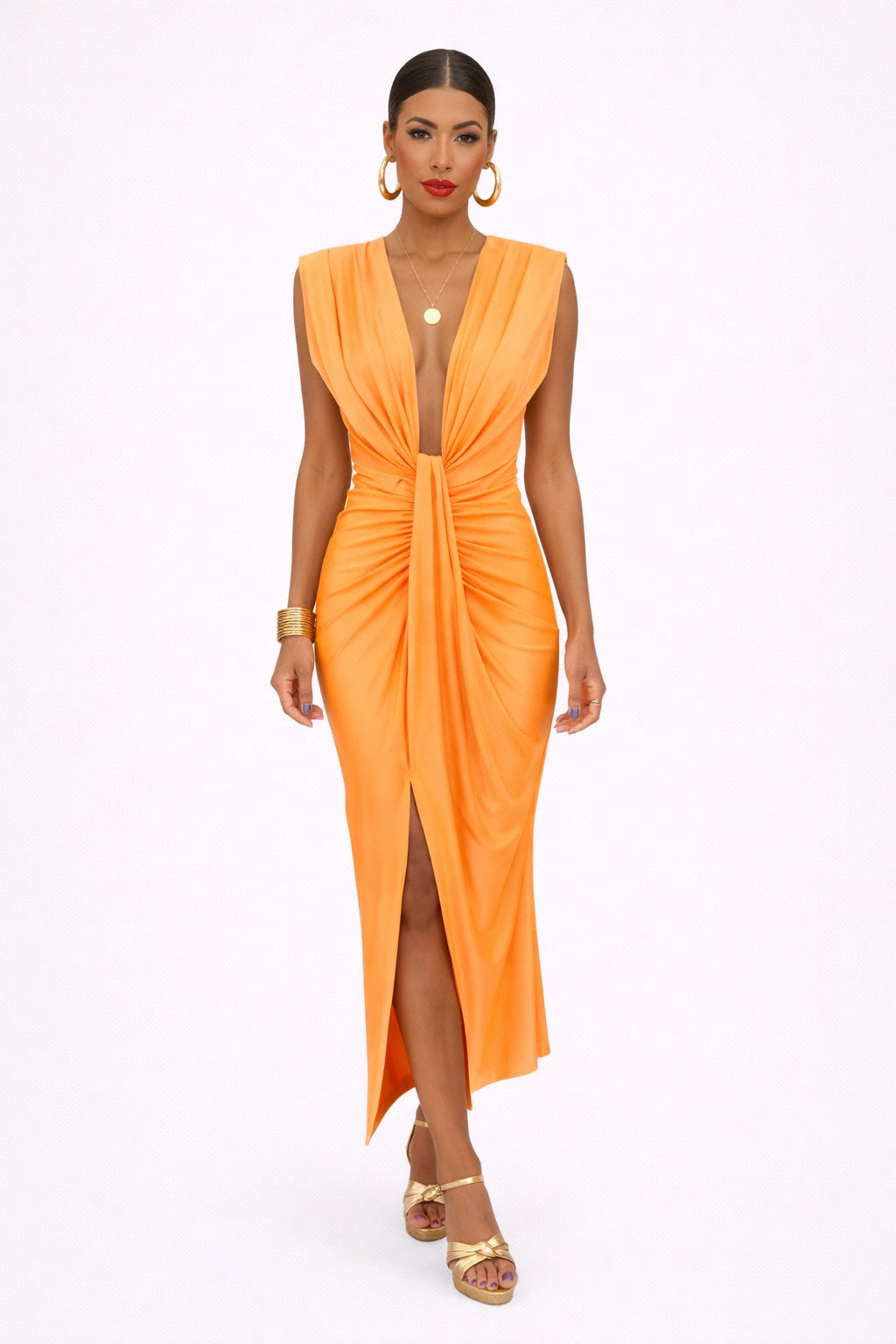 Montserrat | Vestido midi plisado elegante con escote en pico para mujer