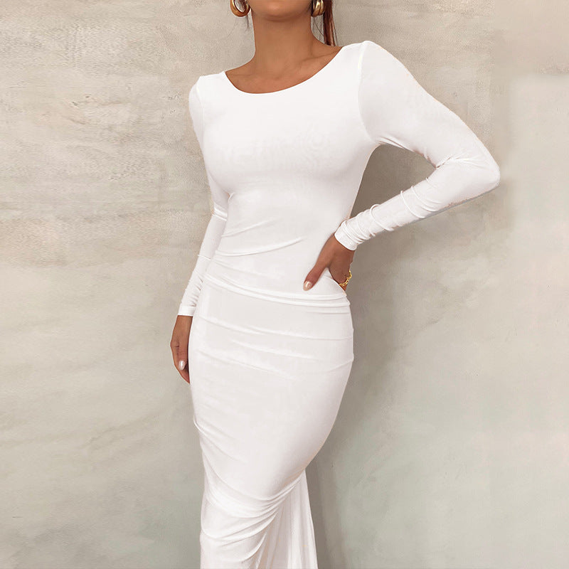 Tarsila | Vestido elegante de invitada con espalda descubierta y manga larga