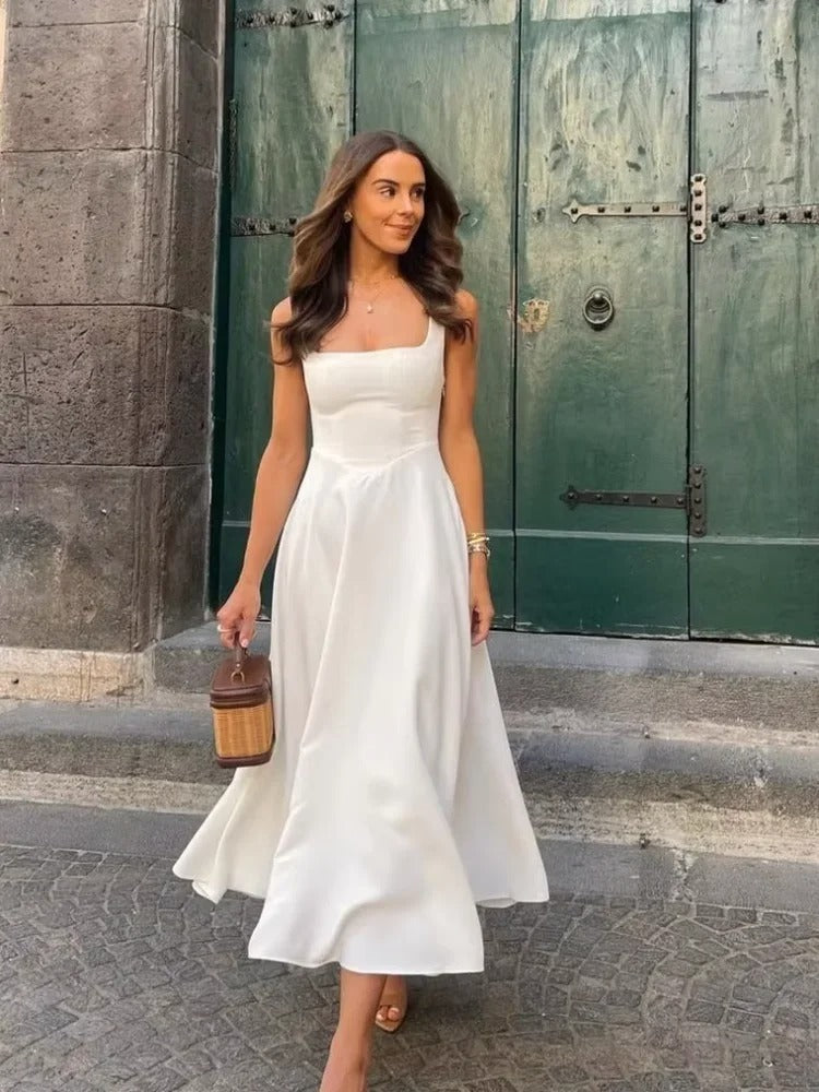 Aroa – Vestido midi elegante sin mangas con escote cuadrado
