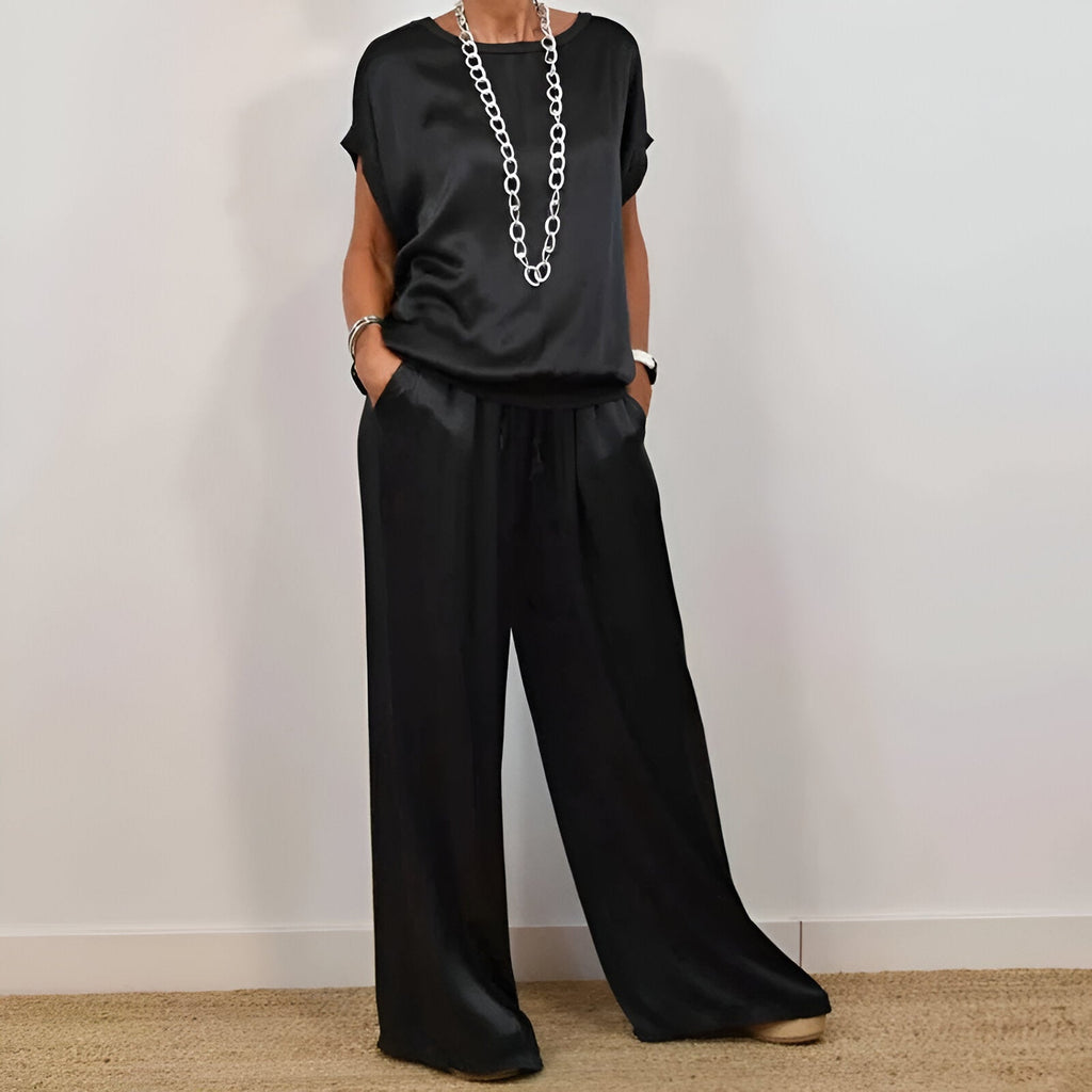 Dunia | Conjunto satinado de mujer con top y pantalón elegante