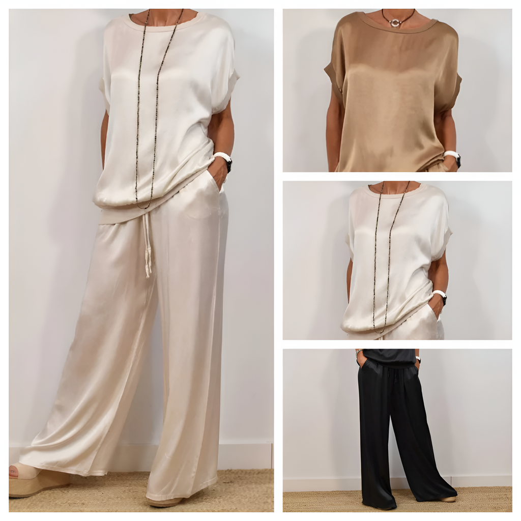 Dunia | Conjunto satinado de mujer con top y pantalón elegante